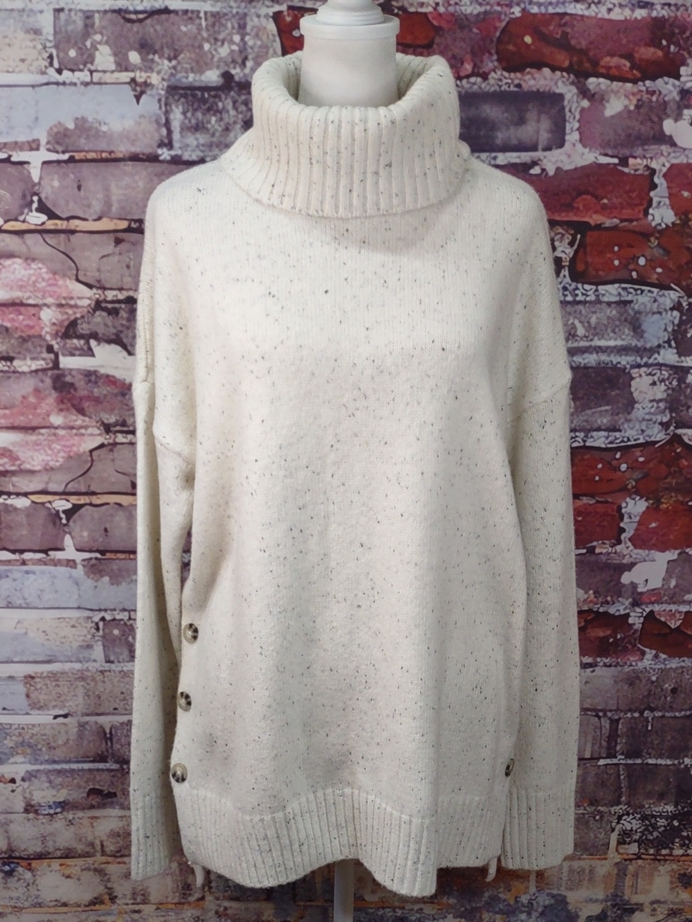Cynthia Rowley Cream Speckled Turtleneck Sweater with Side Buttons